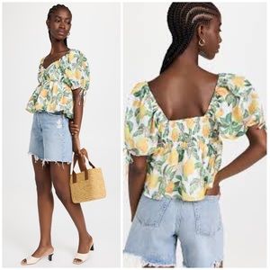 NEW English Factory Lemon Print Puff Sleeve Top
